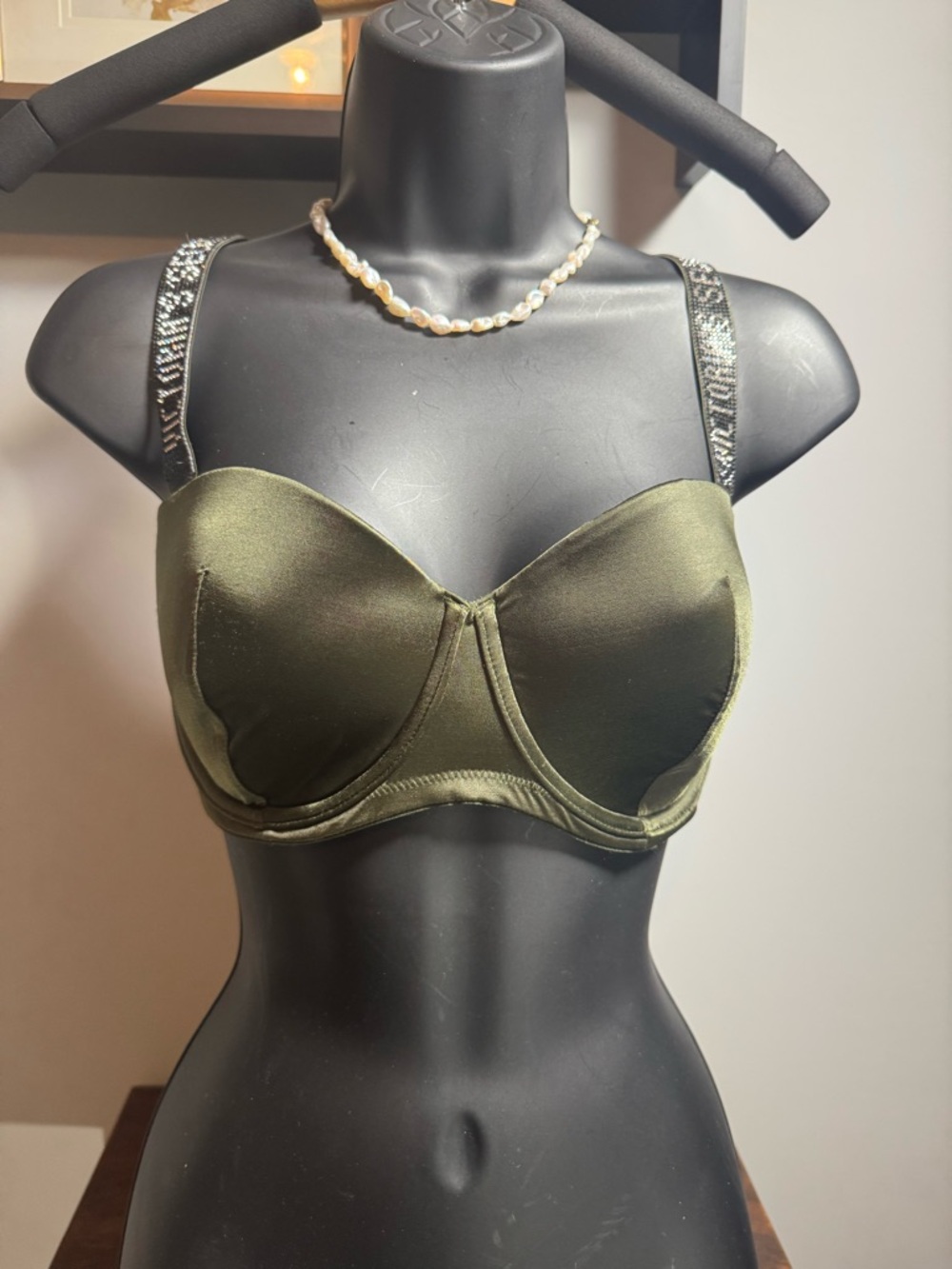 Victoria's Secret Olive Satin Like Underwire Bra with Embellished Straps